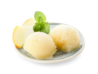 Plate with tasty melon sorbet on white background