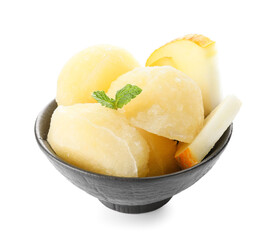 Bowl with tasty melon sorbet on white background