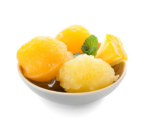Bowl with tasty melon sorbet on white background