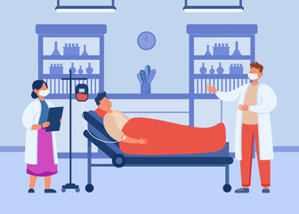 Doctor and nurse visiting patient in hospital. Man lying in intensive care ward and having dropper, talking with therapist flat vector illustration. Healthcare, medical therapy concept