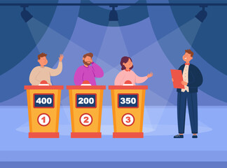 People playing quiz game on TV show flat vector illustration. Male and female participant trying to answer question, competing with each other, talking with host. Television program concept © PCH.Vector