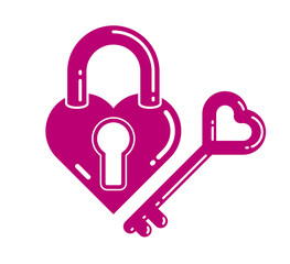 Heart shaped padlock vector logo or icon, lock and turnkey love theme in a shape of heart open or closed emotions, secret feelings concept, Valentine theme.