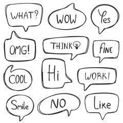 Hand drawn collection of speech bubbles with doodle style text isolated on white background. Vector isolates.