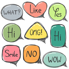 Hand drawn collection of speech bubbles with doodle style text isolated on white background. Vector isolates.