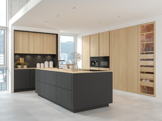 3D Illustration. Modern kitchen in loft apartment. - 491887903