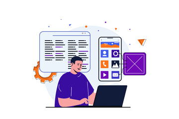 App development modern flat concept for web banner design. Male designer works with mobile application at laptop, coding and making interface layout. Illustration with isolated people scene - obrazy, fototapety, plakaty