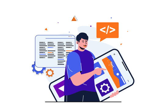App development modern flat concept for web banner design. Male designer works with mobile app interface layout, making ui optimization and coding. Illustration with isolated people scene