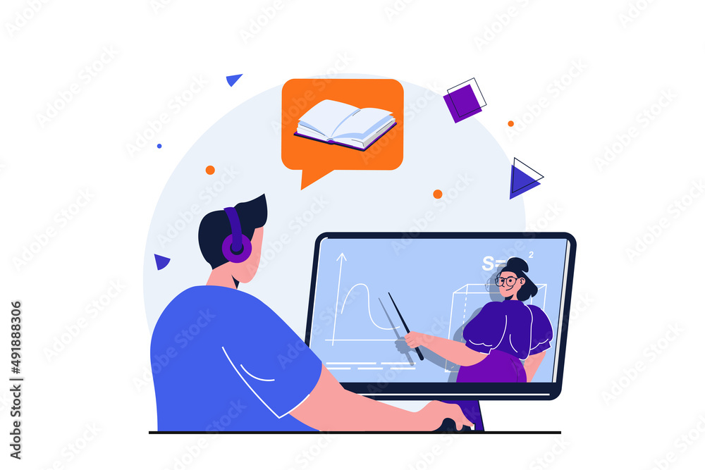 Poster back to school modern flat concept for web banner design. teenager student watches video lecture on 