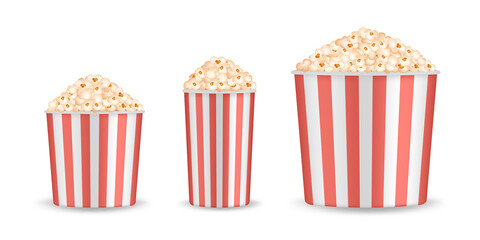 Set of popcorn buckets. Cinema snack. It's movie time! Striped paper box. Popcorn bowl. Red and white striped paper cup	