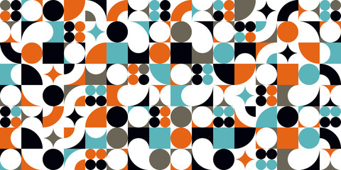 Abstract vector geometric seamless pattern, color simple geometric elements repeat tiles, wallpaper or website background, design background in retro style.