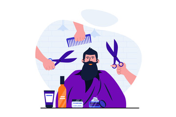 Barbershop modern flat concept for web banner design. Male client sits in chair and receives cutting hair, styling and beard care treatments in studio. Illustration with isolated people scene