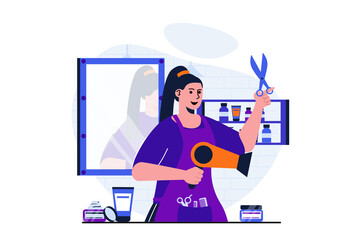 Beauty salon modern flat concept for web banner design. Woman hairdresser holding scissors and hair dryer standing near mirror and waiting for clients. Illustration with isolated people scene