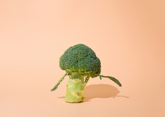 Green healthy broccoli on an orange background. Minimal layout food concept.
