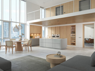 3D Illustration. Modern kitchen in loft apartment. - 491888958