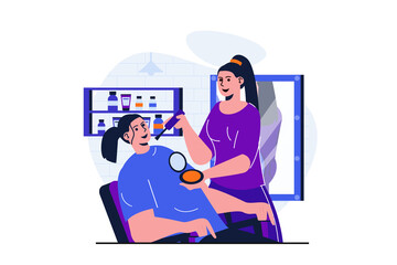 Beauty salon modern flat concept for web banner design. Woman cosmetologist makes make up to female client sitting in chair in cosmetology studio. Illustration with isolated people scene