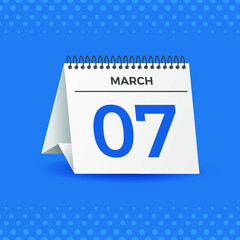 White calendar on blue background. March 7th. Vector. 3D illustration.
