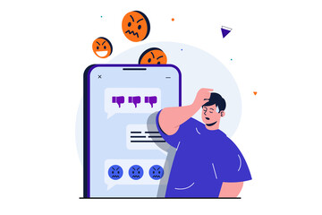 Bullying modern flat concept for web banner design. Upset man receives angry and negative chat messages and suffers from social media cyberbullying. Illustration with isolated people scene