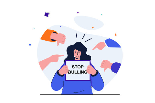 Bullying modern flat concept for web banner design. Crying girl holds poster with Stop Bullying text surrounded by hands with negatively pointing at her. Illustration with isolated people scene