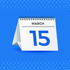 White calendar on blue background. March 15th. Vector. 3D illustration.