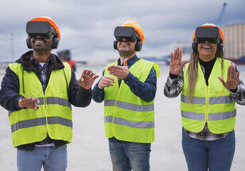 Group of professional dock worker and engineering people wearing hardhat safety helmet and safety vest working at container yard port of import and export using virtual reality goggles