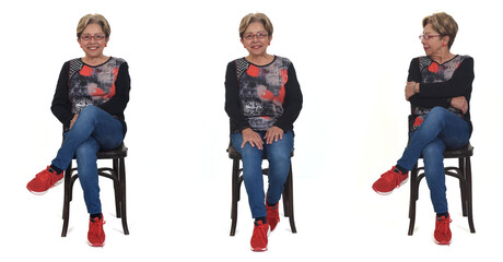 Obraz premium front view of same woman sitting on chair on white background