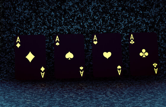 3d render aces play cards black and gold on dark abstract background. Gambling concept design. 3d rendering illustration. 