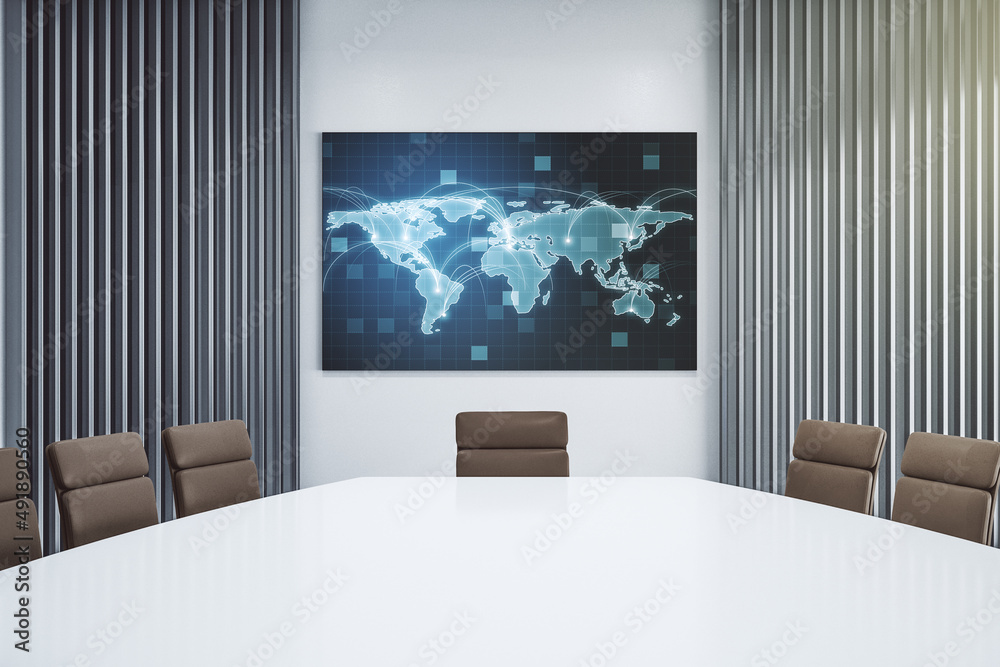 Poster Abstract graphic world map with connections on tv display in a modern presentation room, globalization concept. 3D Rendering