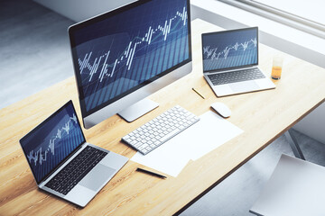 Modern computer monitor with abstract creative financial chart, research and strategy concept. 3D Rendering