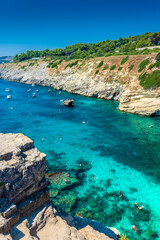 PORTO MIGGIANO, ITALY, 13 AUGUST 2021 Amazing crystal clear waters in Porto Miggiano Beach,...