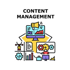 Fototapeta premium Content Management Vector Icon Concept. Content Management System Business Process, Online Advertising And Creation Promotion. Manager Working At Computer In Internet Color Illustration