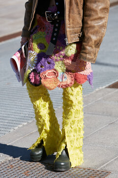 Woman With Yellow Trousers, Patchwork Skirt And Brown Jacket, Milan February 23 2022