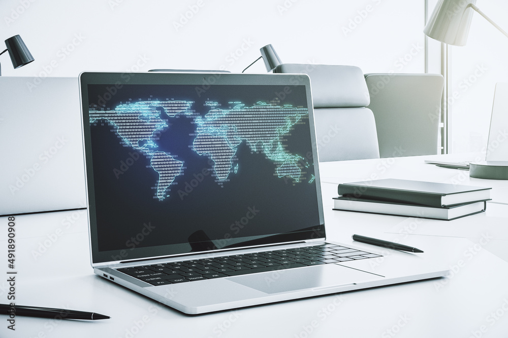 Poster Abstract graphic world map on modern laptop screen, connection and communication concept. 3D Rendering