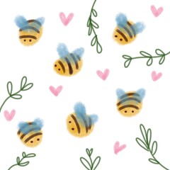 Cute bees card. Spring illustration. Hearts and plants on background. 