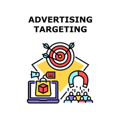 Advertising Targeting Vector Icon Concept. Advertising Targeting In Social Media, Promotion Marketing System For Reaching Audience. Internet Online Advertise For Client And Customer Color Illustration