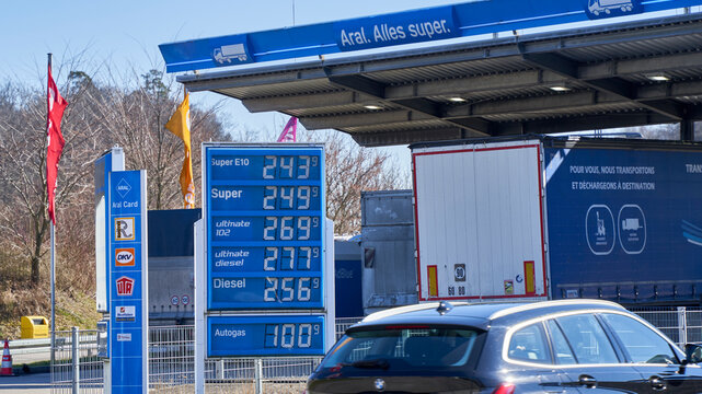 Price board with high gasoline, diesel and fuel prices. Most expensive gas and oil prices at German aral filling station in Europe.