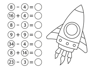 Children's math game, subtraction and addition of numbers. Coloring book with space rocket. Mini-task, write the answer in the empty circle. Preschool education. Vector in cartoon style.