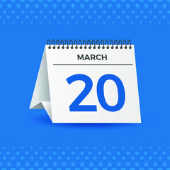 White calendar on blue background. March 20th. Vector. 3D illustration.