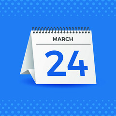 White calendar on blue background. March 24th. Vector. 3D illustration.