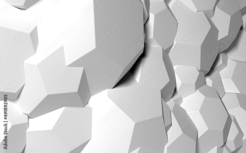 Poster Abstract background with white 3D shapes flying in the light as a messy array or chaotic structure for any pastel backdrop. 3D illustration