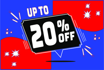Up to. -20 percent discount. 20% discount. Up to 20%. Blue Red banner with floating balloon for promotions and offers. Up to. Vector