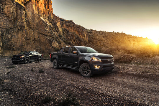 Los Angeles, USA - October 2021: two american trucks pickups Chevrolet Colorado Z71 in the canyon.