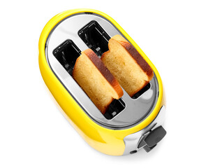 Modern toaster with bread slices on white background