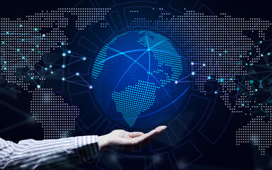 holographic model of the globe and a female hand. Concept of fast exchange of information, global internet