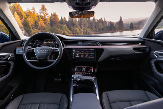 Munich, Germany - October 2020: Audi A3 interior and steering wheel.