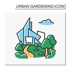 Futuristic park color icon. Modern urban parkland inside the city. Relax zone for everyone. Landscape. Urban gardening concept. Isolated vector illustration