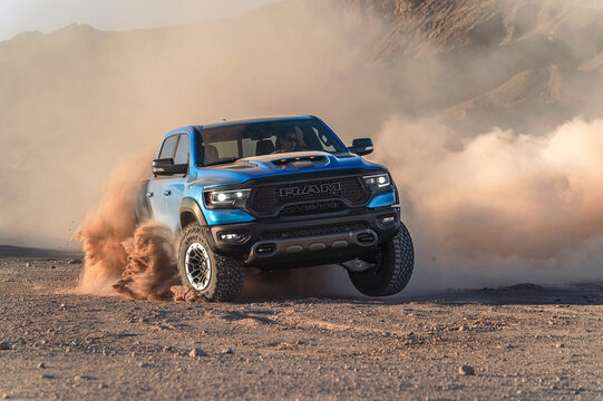 Los Angeles, USA - March 2021: powerful american truck pickup Dodge Ram in the off-road.