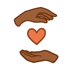 Hand-drawn hands of dark skin color. The heart between the palms. Hands of African American man or woman. Print for valentine's day. Concept vector illustration