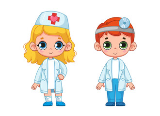 Naklejka na ściany i meble Cute boy in white doctor or nurse suit and girl set. Children's doctor. The concept of choosing a profession by children. Vector illustration of a character in cartoon style. Isolated funny clipart.