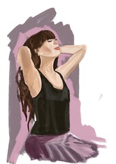 Girl Fashion Illustration. Ink art minimalistic style. Illustration good for posters, magazines titles, website decoration icons. Pretty girl with dark hair sitting portrait 