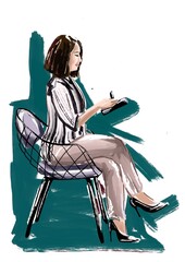 Business woman Fashion Illustration. minimalistic style. Illustration good for posters, magazines titles, website decoration icons. Pretty girl with dark hair sitting portrait 